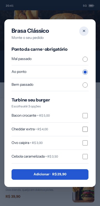 Personalização do hambúrguer com ponto da carne e adicionais